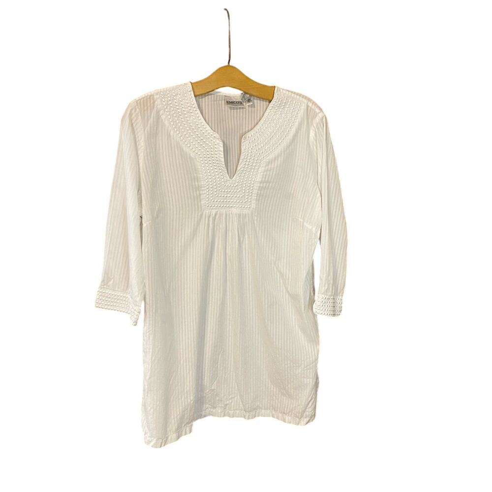 Chico's White cotton pullover Smocked Tunic with 3/4 Sleeves large boho size 2